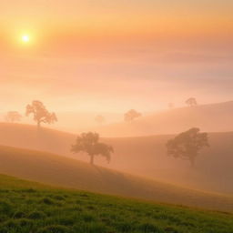 A serene misty sunrise over a dehesa landscape, showcasing the soft morning light gently illuminating the rolling hills and scattered oak trees typical of the Spanish countryside