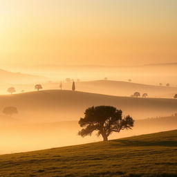 A serene misty sunrise over a dehesa landscape, showcasing the soft morning light gently illuminating the rolling hills and scattered oak trees typical of the Spanish countryside