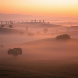 A serene misty sunrise over a dehesa landscape, showcasing the soft morning light gently illuminating the rolling hills and scattered oak trees typical of the Spanish countryside