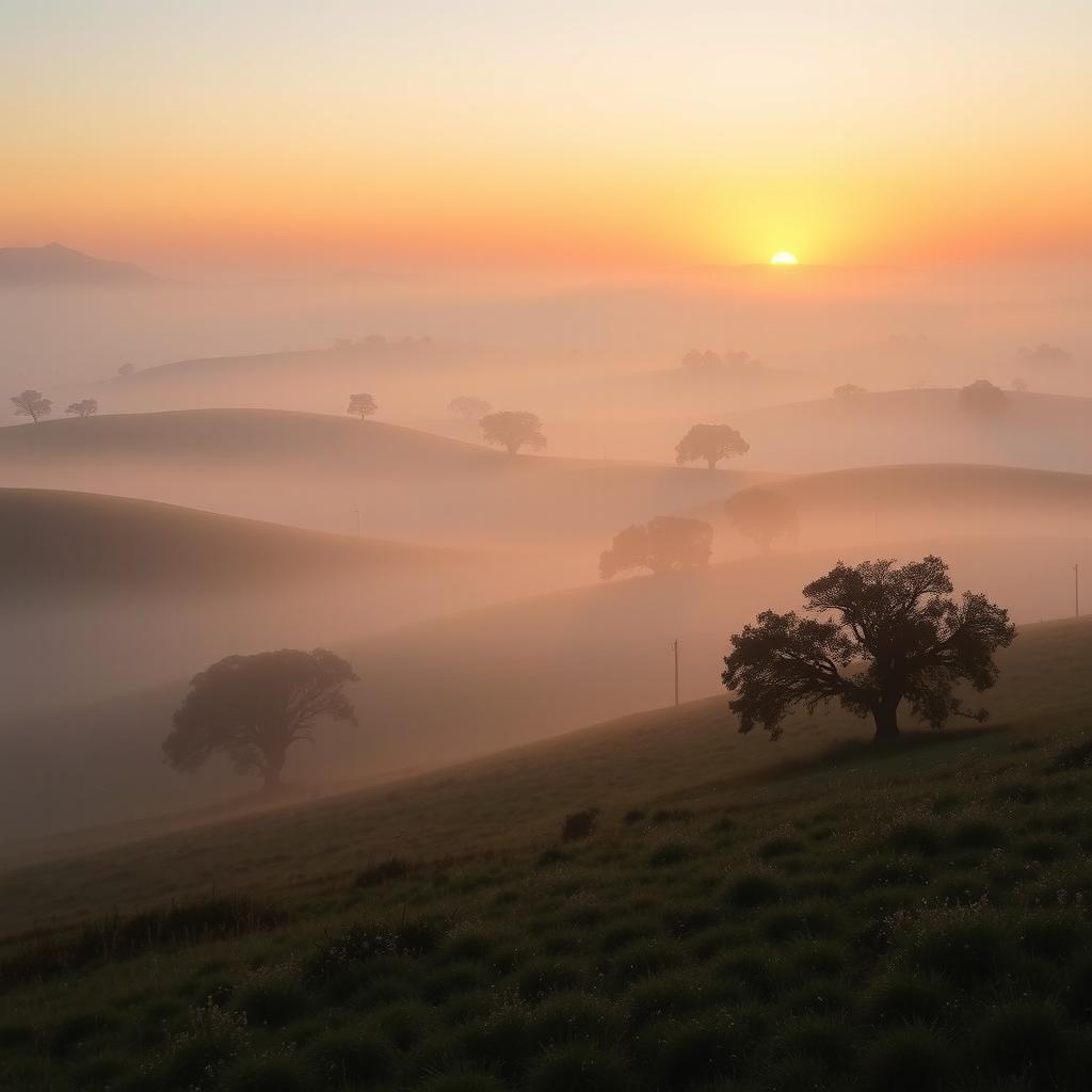 A serene misty sunrise over a dehesa landscape, showcasing the soft morning light gently illuminating the rolling hills and scattered oak trees typical of the Spanish countryside