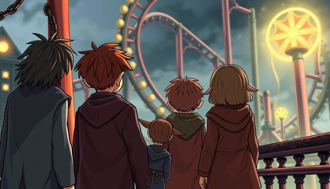 A detailed illustration of four characters standing with their backs to the viewer, resembling the iconic trio of a young wizard with messy dark hair, a red-haired boy, and a girl with bushy brown hair, alongside a small house-elf