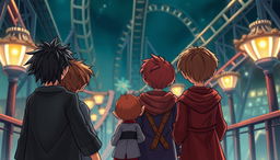 A detailed illustration of four characters standing with their backs to the viewer, resembling the iconic trio of a young wizard with messy dark hair, a red-haired boy, and a girl with bushy brown hair, alongside a small house-elf