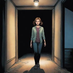 Panel 2: A full color, graphic novel style image of the main character EMMA cautiously entering a dimly lit mansion, flashlight in hand. Cobwebs are hanging from the ceiling, and floorboards are creaking under her feet.