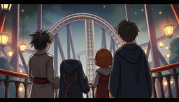 A detailed illustration of four characters standing with their backs to the viewer, resembling the iconic trio of a young wizard with messy dark hair, a red-haired boy, and a girl with bushy brown hair, alongside a small house-elf