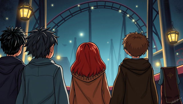 A detailed illustration of four characters standing with their backs to the viewer, resembling the iconic trio of a young wizard with messy dark hair, a red-haired boy, and a girl with bushy brown hair, alongside a small house-elf