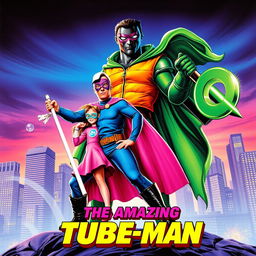 An 80s-themed movie poster designed to resemble a vibrant comic book cover, featuring a dynamic superhero scene