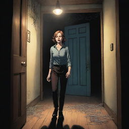 Panel 2: A full color, graphic novel style image of the main character EMMA cautiously entering a dimly lit mansion, flashlight in hand. Cobwebs are hanging from the ceiling, and floorboards are creaking under her feet.