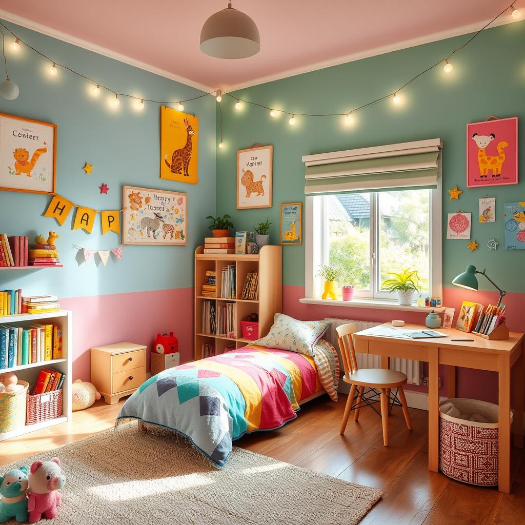 A cozy and colorful kid's bedroom filled with cheerful decorations, soft toys, and playful patterns