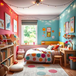 A cozy and colorful kid's bedroom filled with cheerful decorations, soft toys, and playful patterns