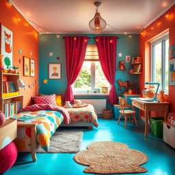 A cozy and colorful kid's bedroom filled with cheerful decorations, soft toys, and playful patterns