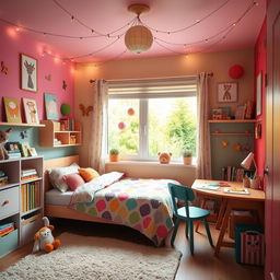 A cozy and colorful kid's bedroom filled with cheerful decorations, soft toys, and playful patterns