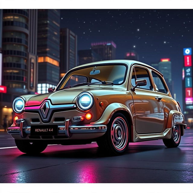 A Renault 4 reimagined in a retro-futuristic style, blending classic elements with modern, innovative designs