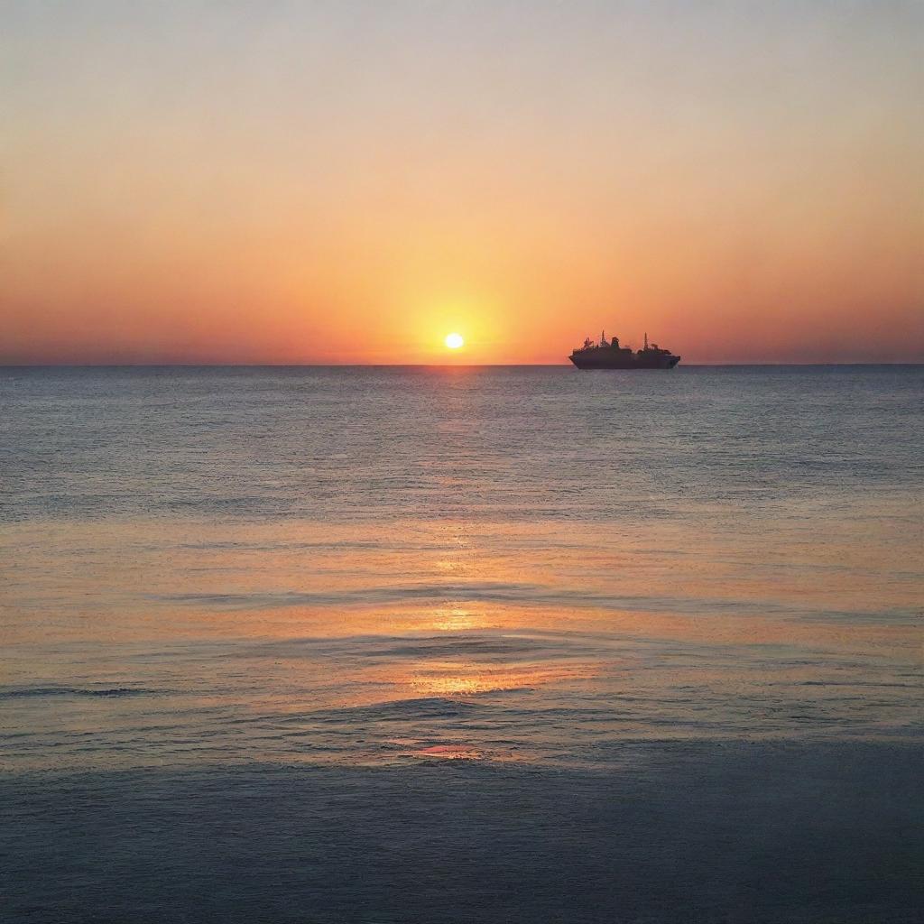 A dreamy sunset over a tranquil ocean, with a silhouette of a large ship floating in the distance.