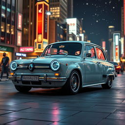 A Renault 4 reimagined in a retro-futuristic style, blending classic elements with modern, innovative designs