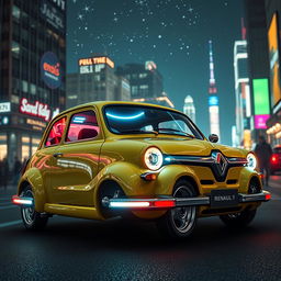 A Renault 4 reimagined in a retro-futuristic style, blending classic elements with modern, innovative designs