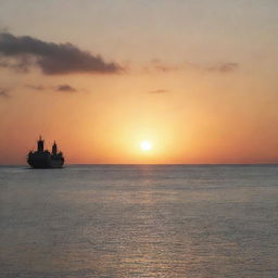 A dreamy sunset over a tranquil ocean, with a silhouette of a large ship floating in the distance.