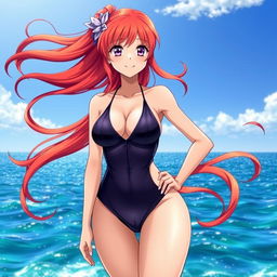 A sexy and confident anime girl in a stunning swimsuit, standing by the ocean