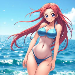 A sexy and confident anime girl in a stunning swimsuit, standing by the ocean