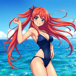 A sexy and confident anime girl in a stunning swimsuit, standing by the ocean