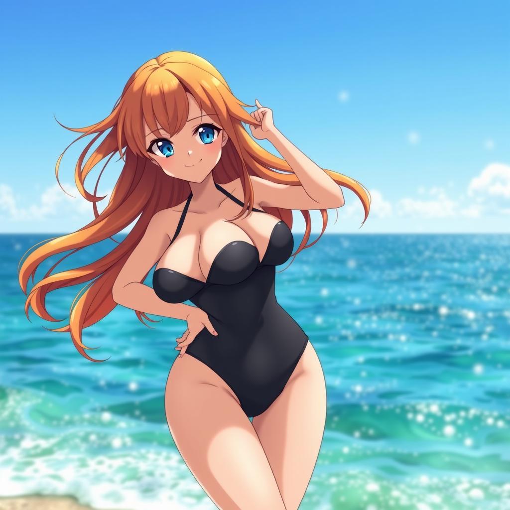 A sexy and confident anime girl in a stunning swimsuit, standing by the ocean