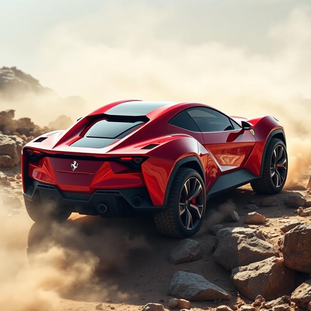 Futuristic Ferrari SUV, blending the sleek and aerodynamic design of a sports car with the robust and powerful features of a 4x4 raid vehicle