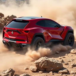 Futuristic Ferrari SUV, blending the sleek and aerodynamic design of a sports car with the robust and powerful features of a 4x4 raid vehicle