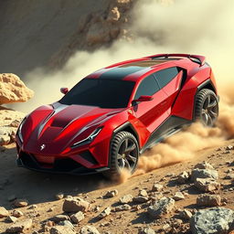 Futuristic Ferrari SUV, blending the sleek and aerodynamic design of a sports car with the robust and powerful features of a 4x4 raid vehicle