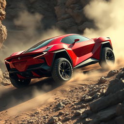 Futuristic Ferrari SUV, blending the sleek and aerodynamic design of a sports car with the robust and powerful features of a 4x4 raid vehicle