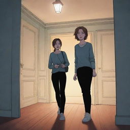 Panel 2: Illustrate a colored, Webtoon-style scene where a character named EMMA cautiously enters a dimly lit mansion, holding a flashlight. Capture details like cobwebs hanging from the ceiling and creaking floorboards under her feet.