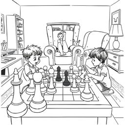 A surreal coloring page depicting two children sitting at a table in the living room, engrossed in a game of chess with oversized pieces that are as big as themselves