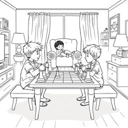 A surreal coloring page depicting two children sitting at a table in the living room, engrossed in a game of chess with oversized pieces that are as big as themselves