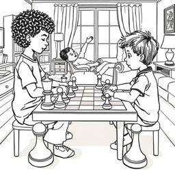 A surreal coloring page depicting two children sitting at a table in the living room, engrossed in a game of chess with oversized pieces that are as big as themselves