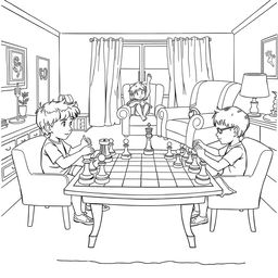 A surreal coloring page depicting two children sitting at a table in the living room, engrossed in a game of chess with oversized pieces that are as big as themselves