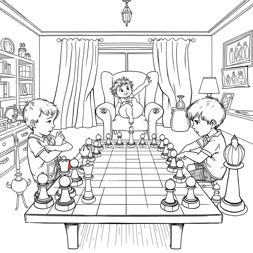 A surreal coloring page depicting two children sitting at a table in the living room, intensely focused on a game of chess with pieces that are truly enormous, towering over them and requiring effort to move