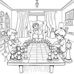 A surreal coloring page depicting two children sitting at a table in the living room, intensely focused on a game of chess with pieces that are truly enormous, towering over them and requiring effort to move