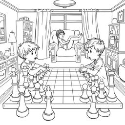 A surreal coloring page depicting two children sitting at a table in the living room, intensely focused on a game of chess with pieces that are truly enormous, towering over them and requiring effort to move