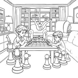 A surreal coloring page depicting two children sitting at a table in the living room, intensely focused on a game of chess with pieces that are truly enormous, towering over them and requiring effort to move