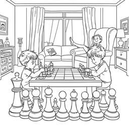 A surreal coloring page depicting two children sitting at a table in the living room, intensely focused on a game of chess with pieces that are truly enormous, towering over them and requiring effort to move