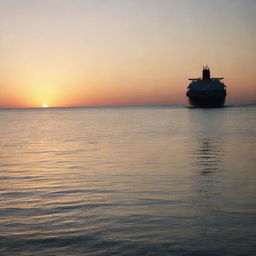 A dreamy sunset over a tranquil ocean, with a silhouette of a large ship floating in the distance.