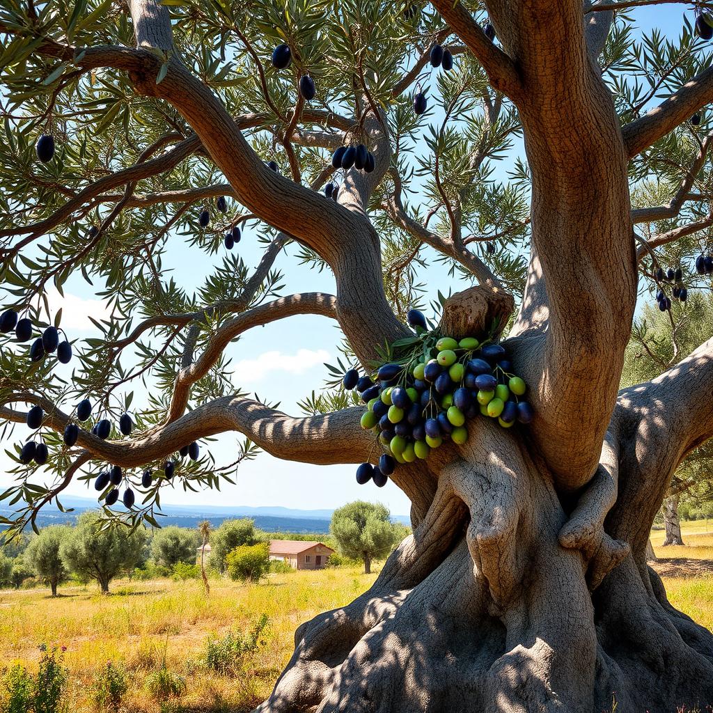 An ancient olive tree laden with a bountiful harvest of ripe olives, set in a sunlit Mediterranean landscape