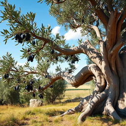 An ancient olive tree laden with a bountiful harvest of ripe olives, set in a sunlit Mediterranean landscape