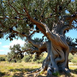 An ancient olive tree laden with a bountiful harvest of ripe olives, set in a sunlit Mediterranean landscape