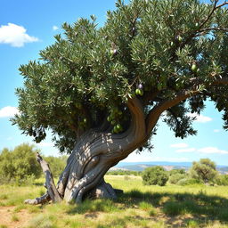 An ancient olive tree laden with a bountiful harvest of ripe olives, set in a sunlit Mediterranean landscape