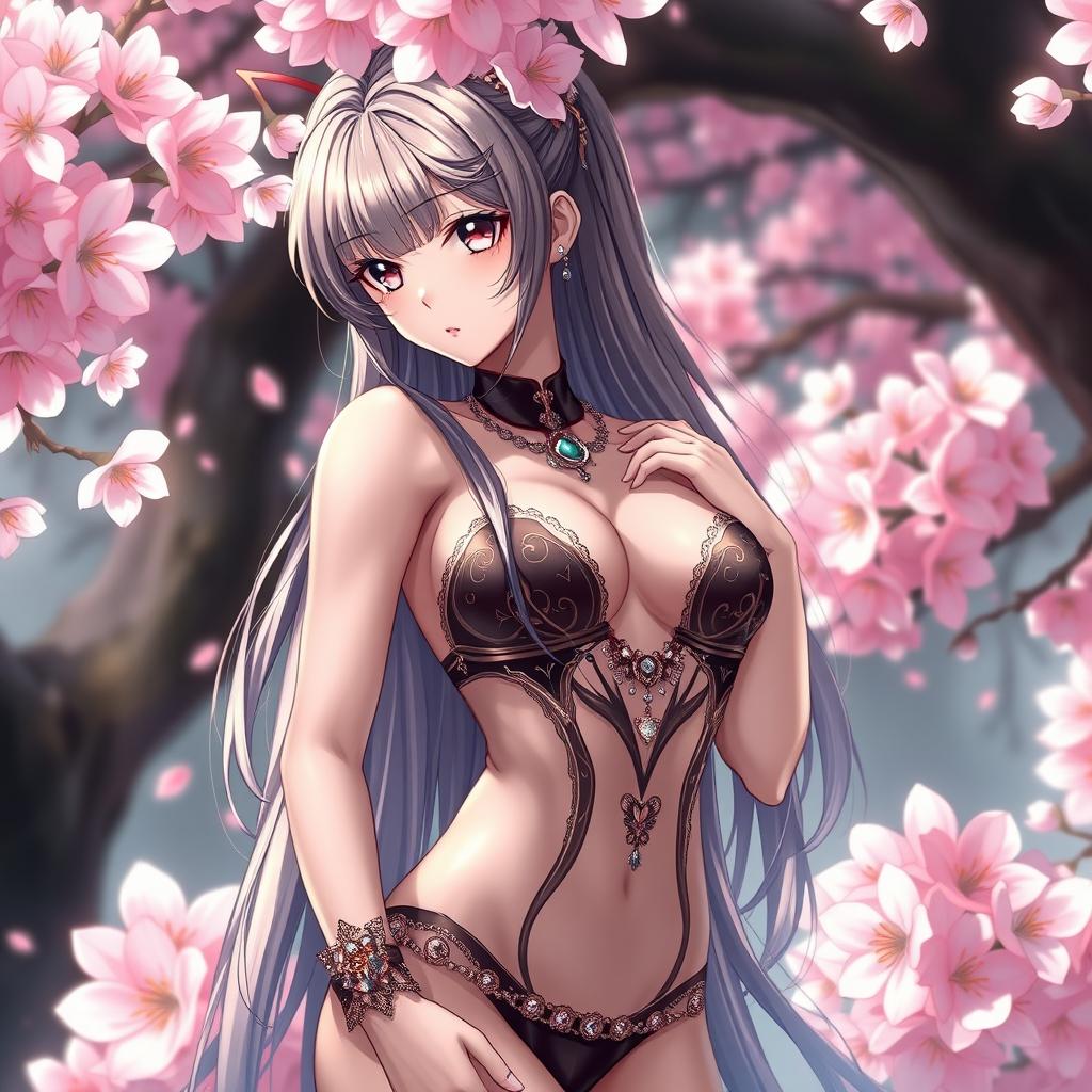 a very sexy anime girl standing in a sensual pose, lush fantasy setting, surrounded by soft pink cherry blossoms, intricate details in her hair and eyes, shimmering skin, elegant jewelry accentuating her figure