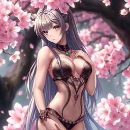 a very sexy anime girl standing in a sensual pose, lush fantasy setting, surrounded by soft pink cherry blossoms, intricate details in her hair and eyes, shimmering skin, elegant jewelry accentuating her figure