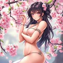 a very sexy anime girl standing in a sensual pose, lush fantasy setting, surrounded by soft pink cherry blossoms, intricate details in her hair and eyes, shimmering skin, elegant jewelry accentuating her figure