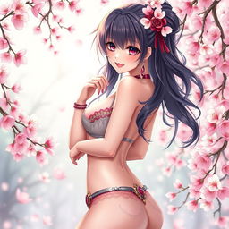 a very sexy anime girl standing in a sensual pose, lush fantasy setting, surrounded by soft pink cherry blossoms, intricate details in her hair and eyes, shimmering skin, elegant jewelry accentuating her figure