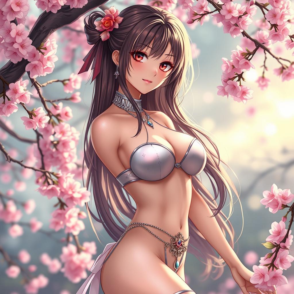 a very sexy anime girl standing in a sensual pose, lush fantasy setting, surrounded by soft pink cherry blossoms, intricate details in her hair and eyes, shimmering skin, elegant jewelry accentuating her figure