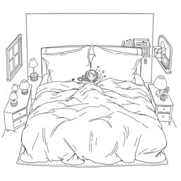 A surreal coloring page illustrating a girl peacefully taking a nap on a giant bed that occupies the entire room space