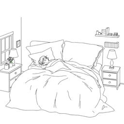 A surreal coloring page illustrating a girl peacefully taking a nap on a giant bed that occupies the entire room space